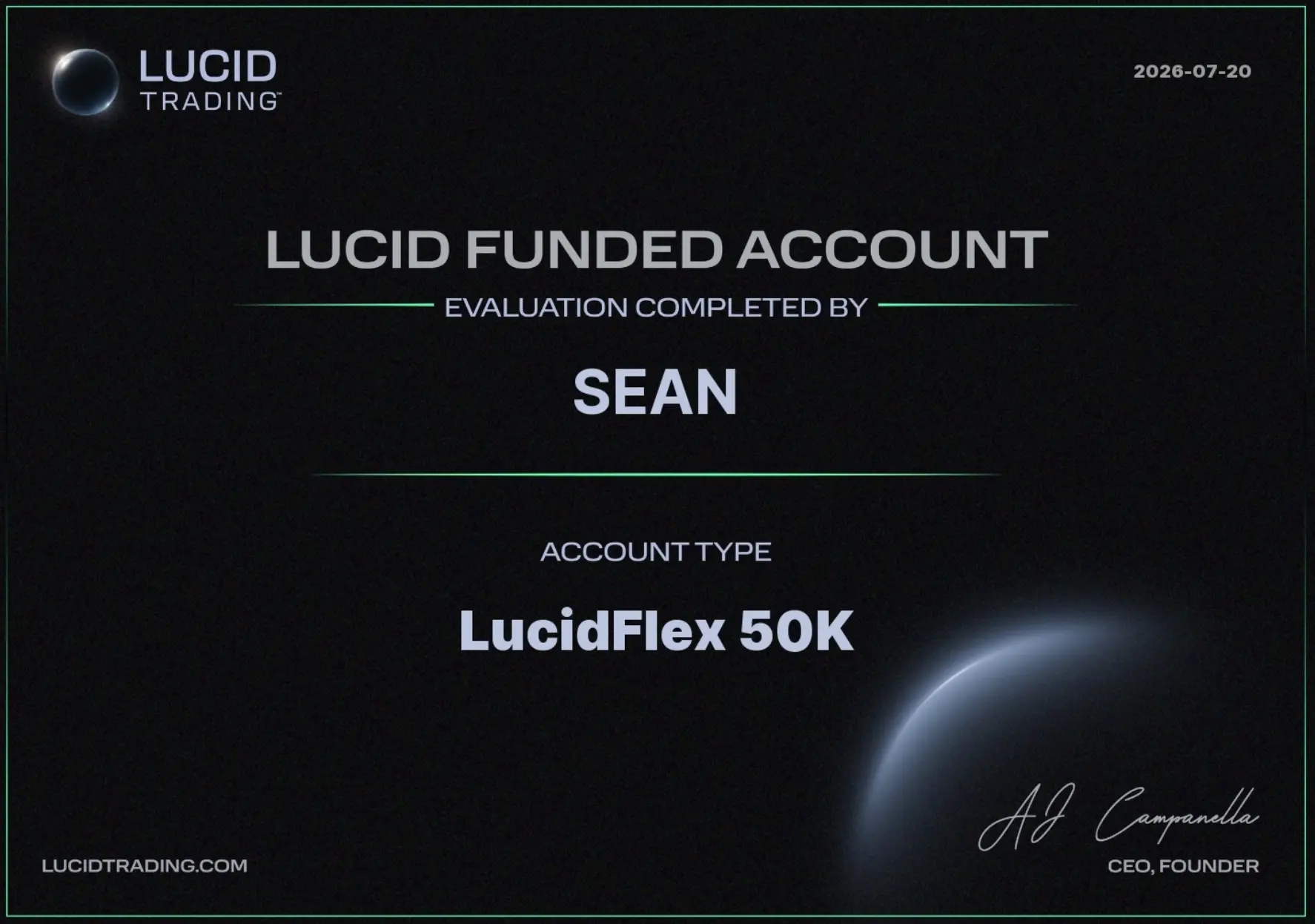 Sean Lucid Funded Account certificate — LucidFlex 50K