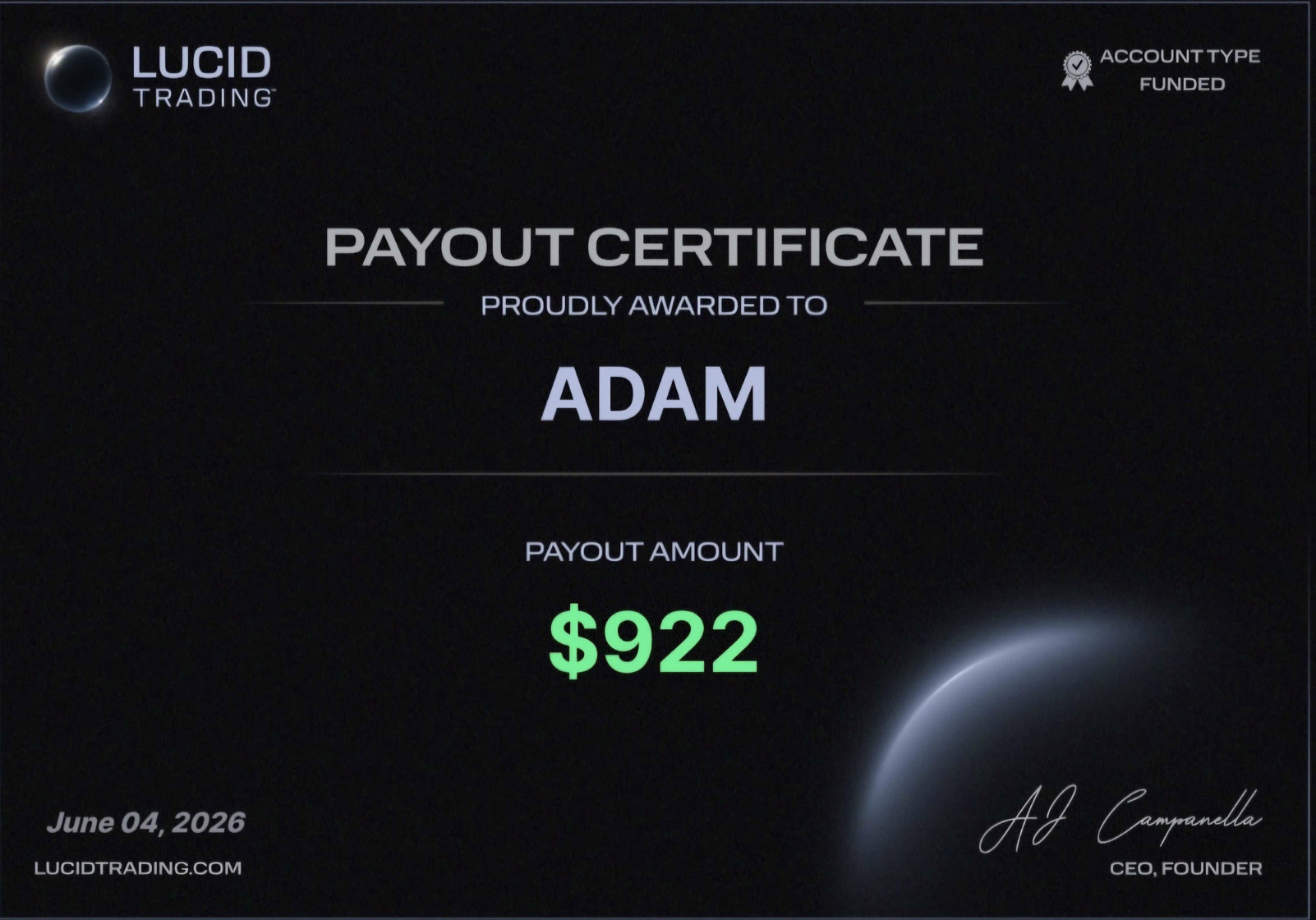 Adam $922 Lucid Trading payout certificate