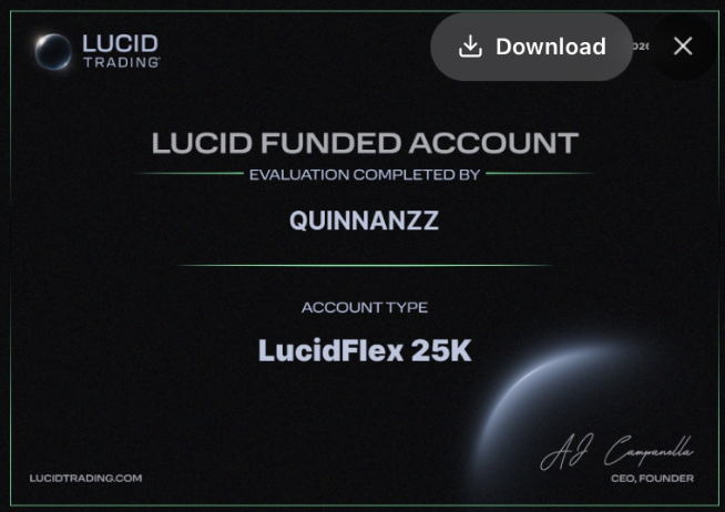 Quinnanzz Lucid Funded Account certificate — LucidFlex 25K