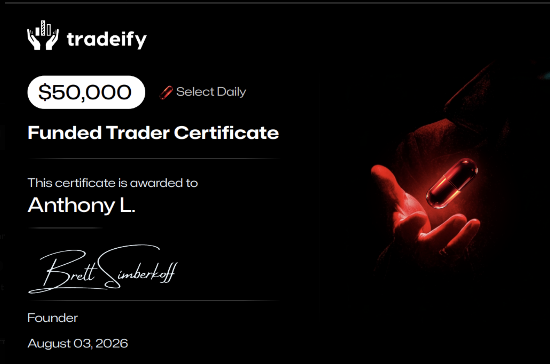 Anthony L. Tradeify $50,000 Funded Trader Certificate