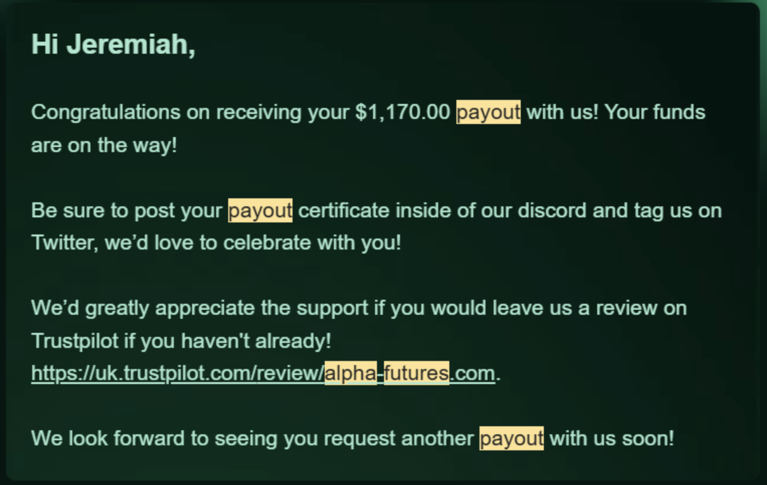 Jeremiah $1,170 Alpha Futures payout certificate