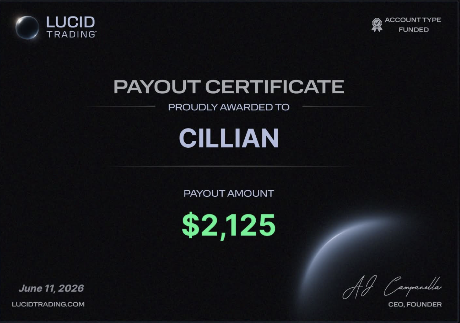 Cillian $2,125 Lucid Trading payout certificate