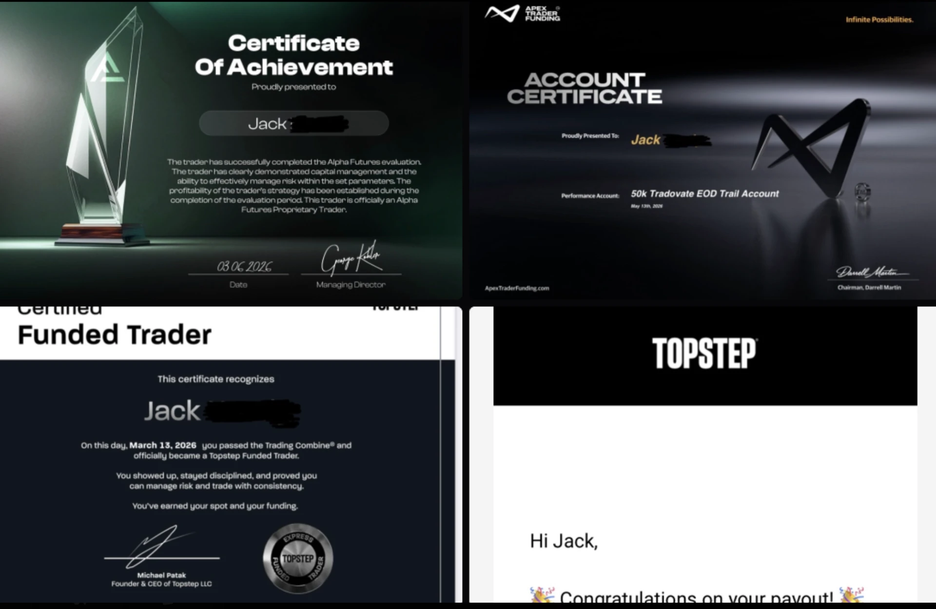 Jack Alpha Futures, Apex Trader & Topstep certificates