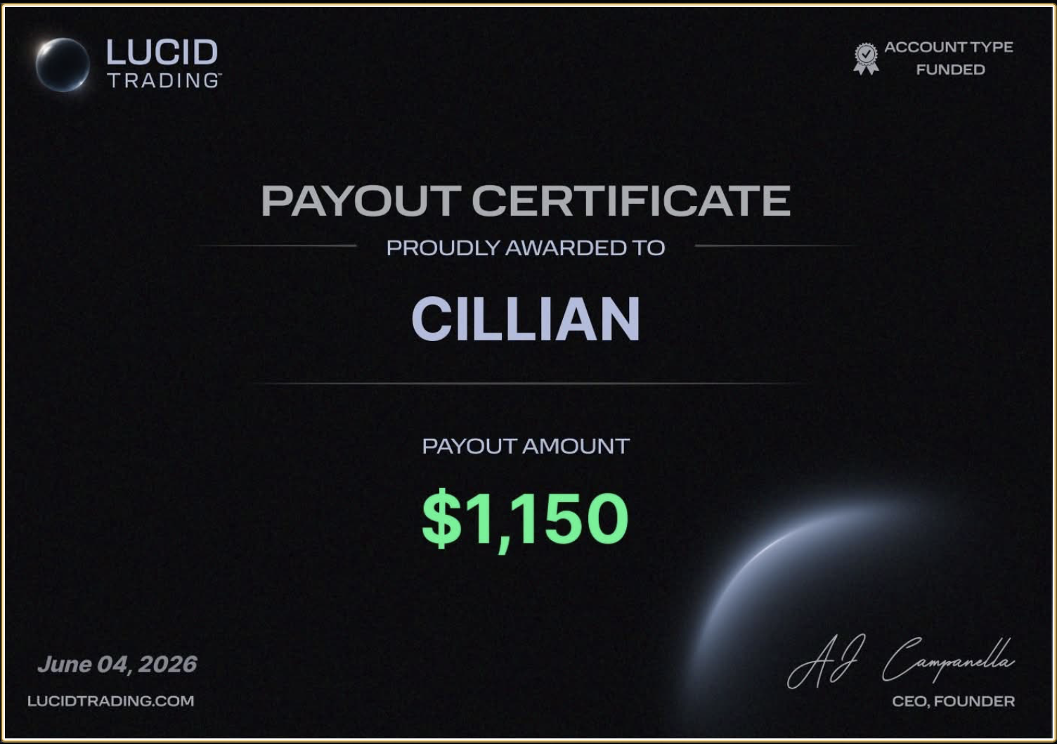 Cillian $1,150 Lucid Trading payout certificate