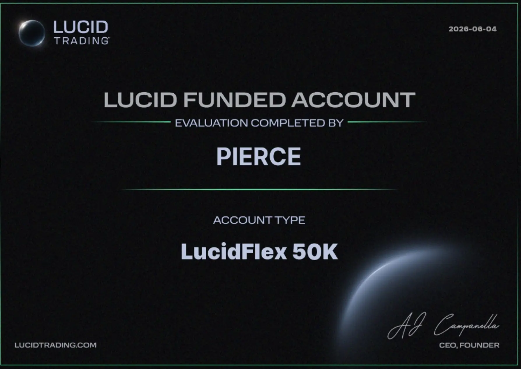 Pierce Lucid Funded Account certificate — LucidFlex 50K