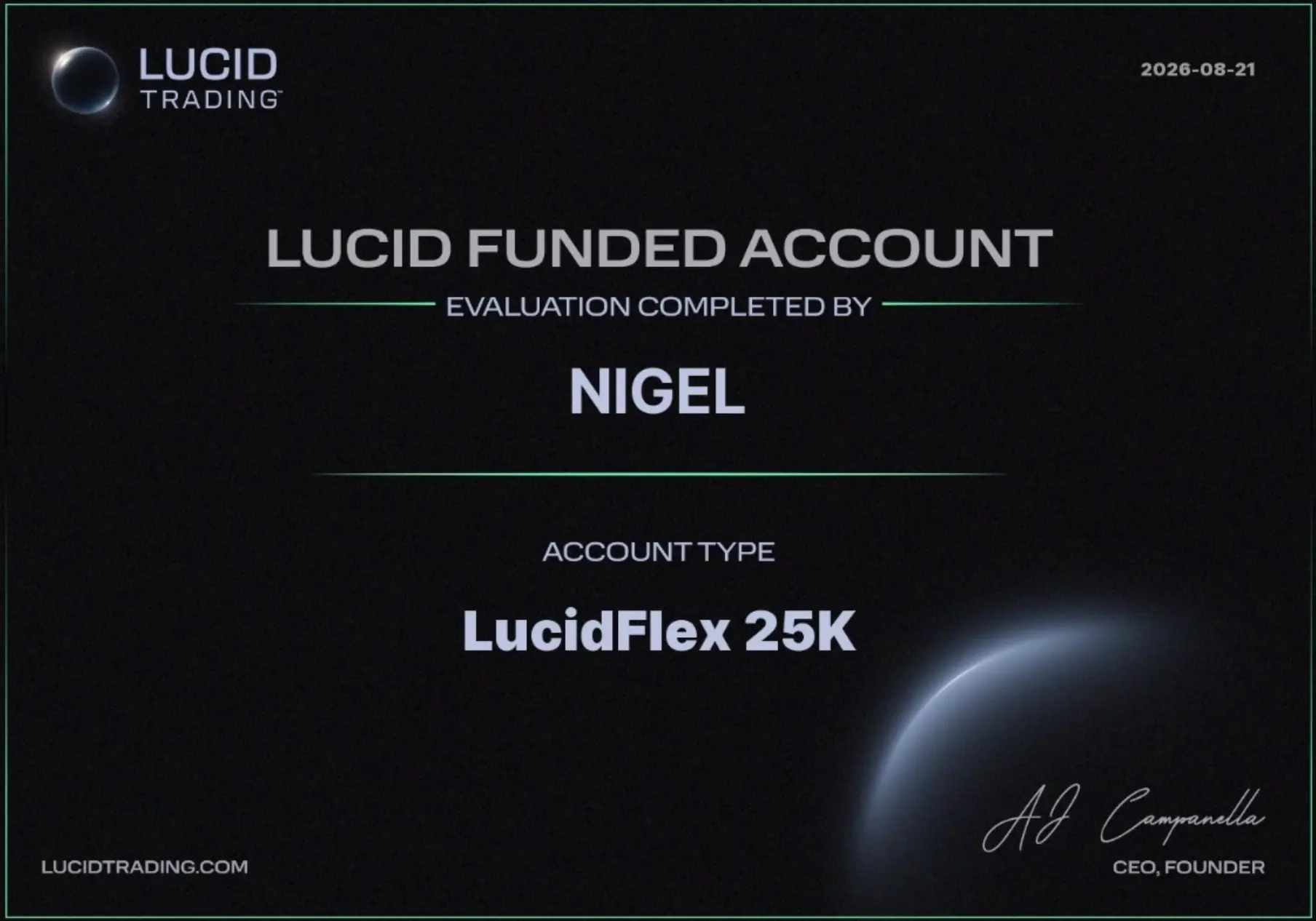 Nigel Lucid Funded Account certificate — LucidFlex 25K