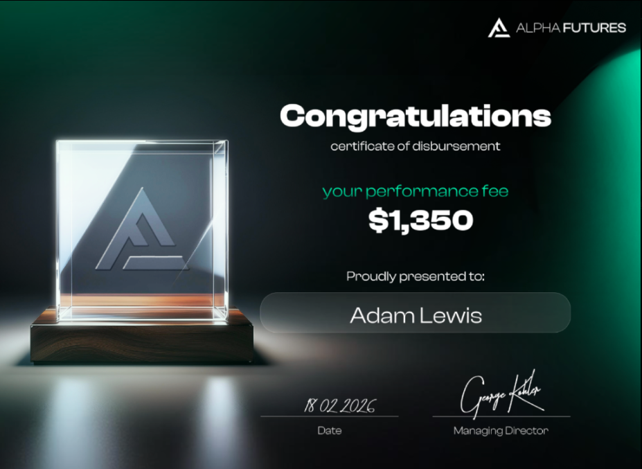 Adam Lewis $1,350 Alpha Futures disbursement certificate