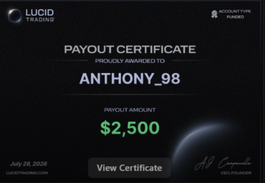 Anthony $2,500 Lucid Trading payout certificate
