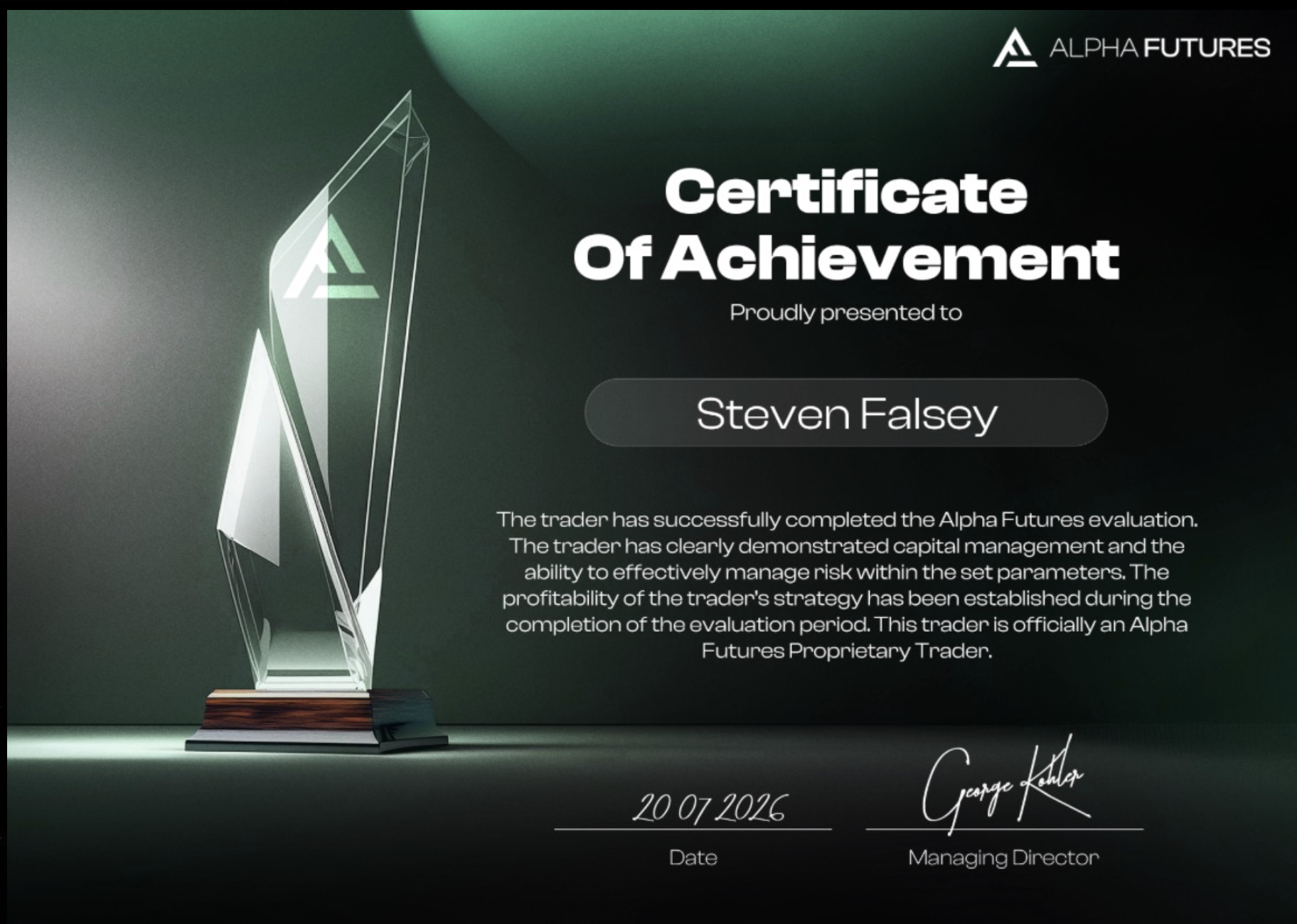 Steven Falsey Alpha Futures Certificate of Achievement