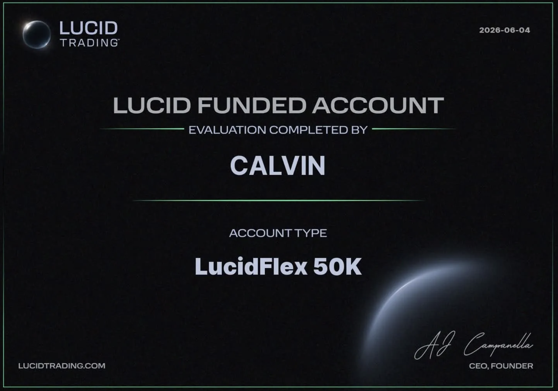 Calvin Lucid Funded Account certificate — LucidFlex 50K