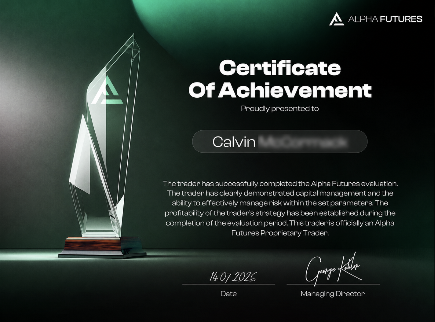 Calvin Alpha Futures Certificate of Achievement