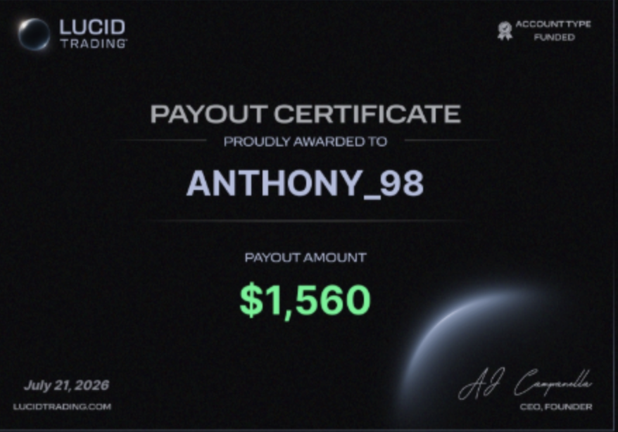 Anthony $1,560 Lucid Trading payout certificate