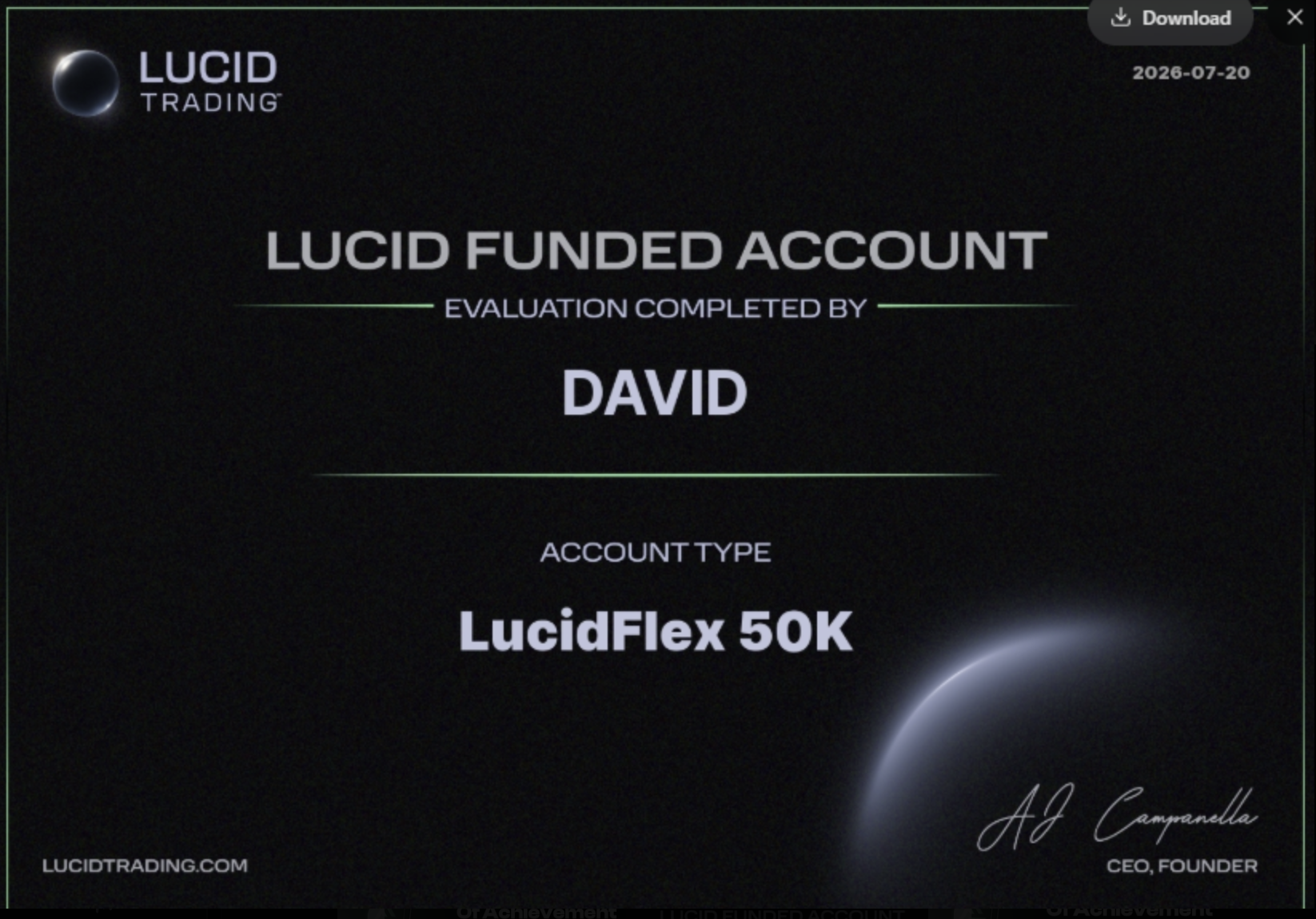 David Lucid Funded Account certificate — LucidFlex 50K