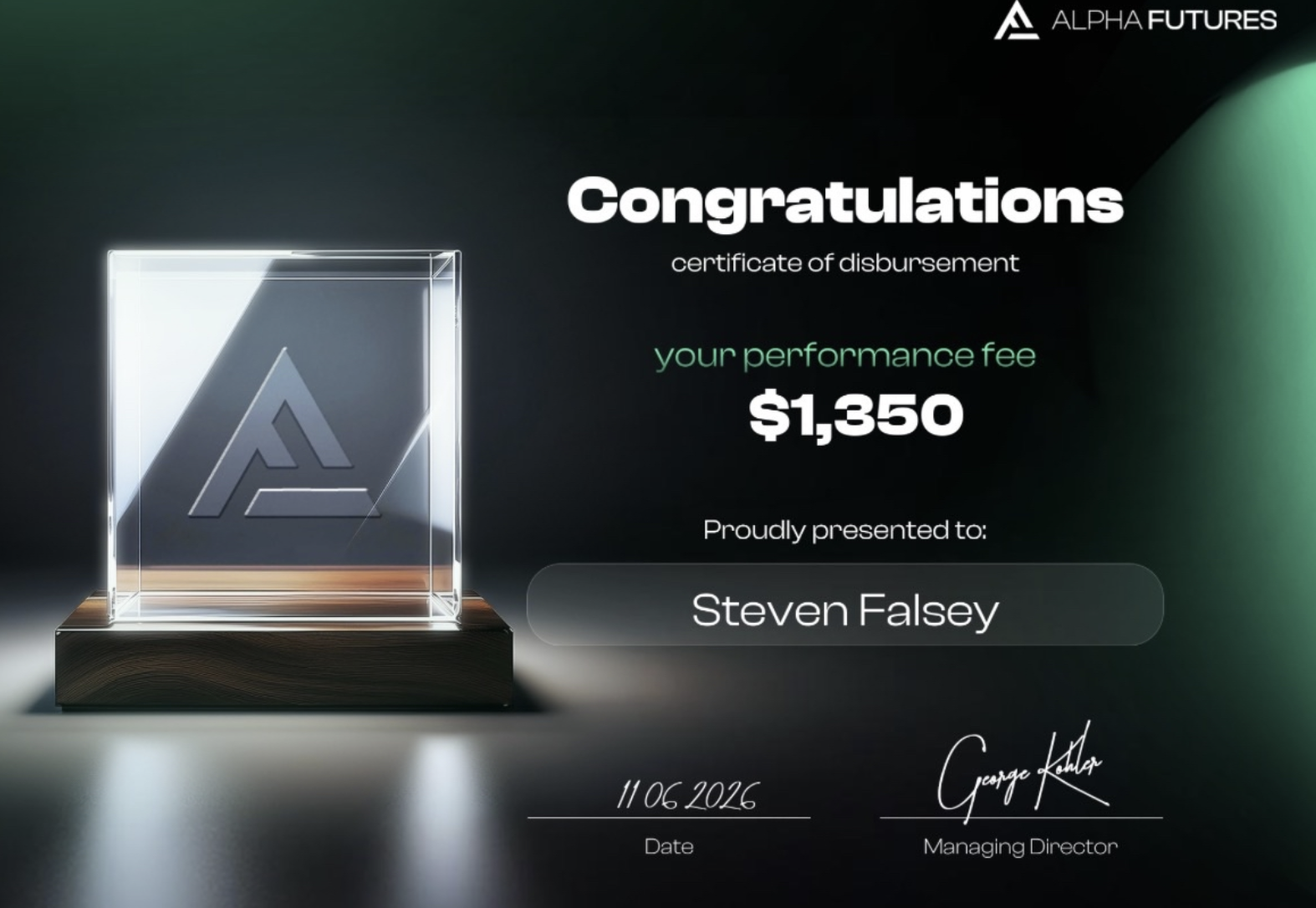Steven Falsey $1,350 Alpha Futures disbursement certificate