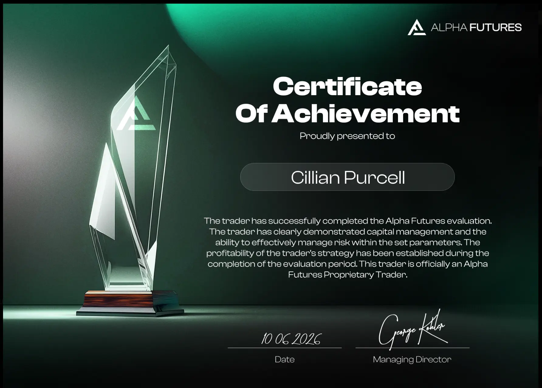 Cillian Purcell Alpha Futures Certificate of Achievement