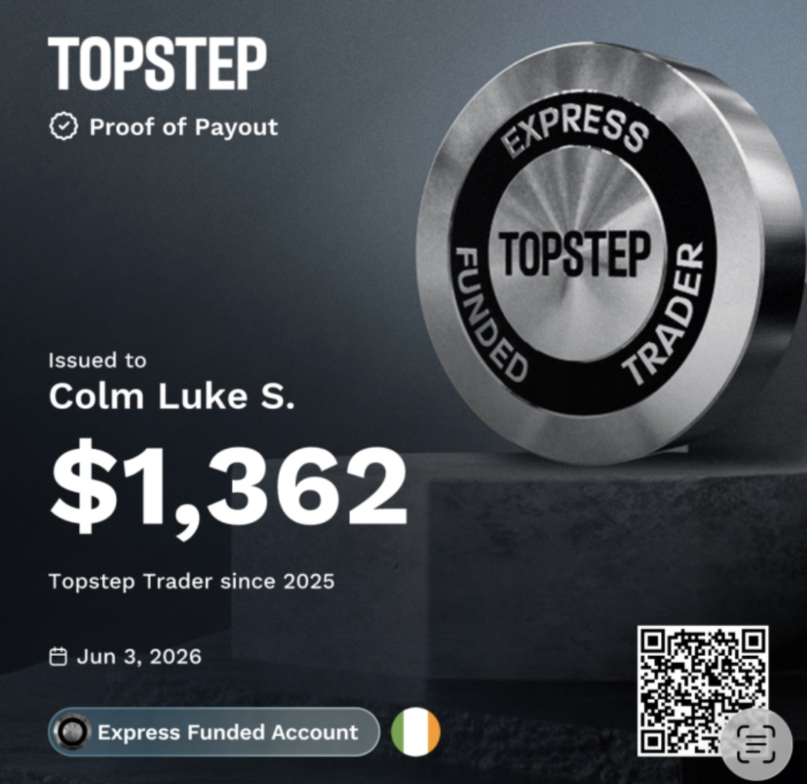 Colm Luke $1,362 Topstep Express Funded payout certificate